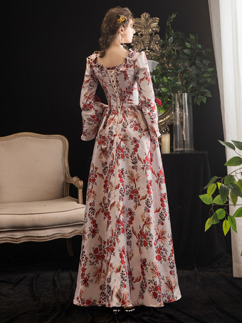 赤いレトロ衣装フリル弓花柄プリントドレスマリーアントワネット衣装女性マスカレード夜会服 バーガンディ