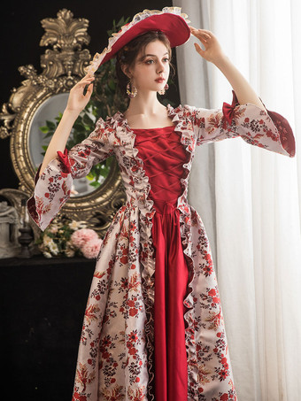 赤いレトロ衣装フリル弓花柄プリントドレスマリーアントワネット衣装女性マスカレード夜会服 バーガンディ