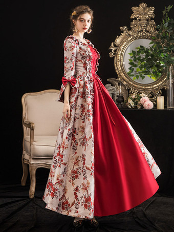 赤いレトロ衣装フリル弓花柄プリントドレスマリーアントワネット衣装女性マスカレード夜会服 バーガンディ