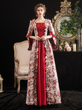 赤いレトロ衣装フリル弓花柄プリントドレスマリーアントワネット衣装女性マスカレード夜会服 バーガンディ
