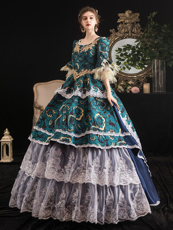 ロココレトロコスチューム女性レースフリルジャカードマリーアントワネットコスチュームマスカレードボールガウン