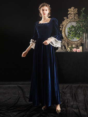 ダークネイビービクトリア朝のドレス衣装ベロアダークネイビー半袖スクエアネックレースフリルチョーカー付きビクトリア朝の衣装