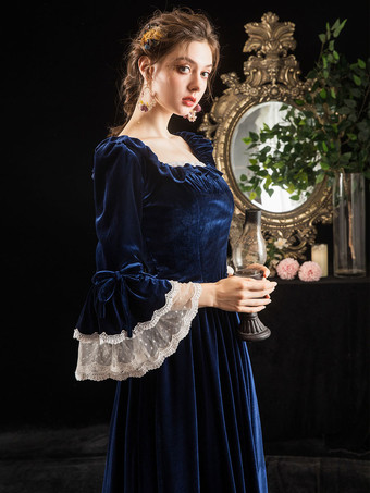 ビクトリア朝のドレス衣装ベロアダークネイビー半袖スクエアネックレースフリルチョーカー付きビクトリア朝の衣装
