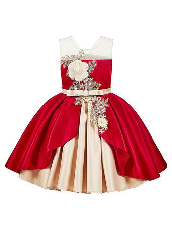 フラワーガールドレスジュエルネックポリエステルノースリーブ膝丈夜会服弓子供パーティードレス
