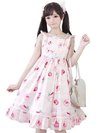 Sweet Lolita JSK Dress Cherry Cake Sin mangas Volantes Lolita Jumper Faldas  