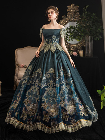 ビクトリア朝のレトロなダークネイビー半袖オフショルダーバロック衣装ドレスマリーアントワネットドレス