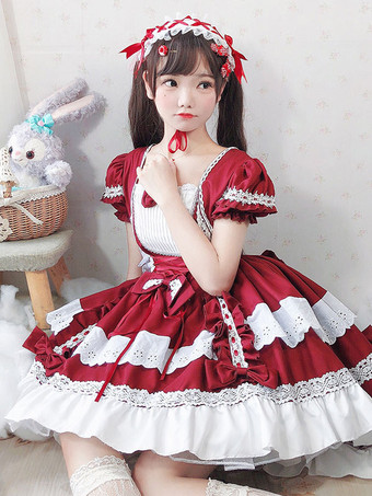 Sweet Lolita OP Dress Lace Bows Lolita One Piece Abiti Costume da cameriera