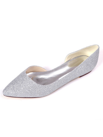 シルバー ウェディングシューズスパンコールクロスライラックポインテッドトゥフラットシューズ