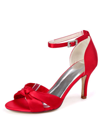 レッドウェディングシューズアイボリーサテンバックルオープントゥスチレットヒールブライダルシューズ