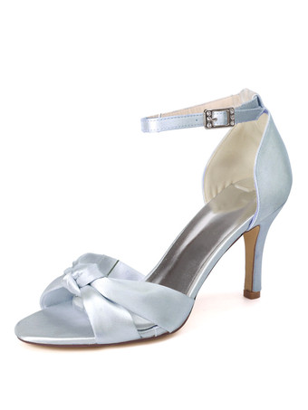 シルバー ウェディングシューズアイボリーサテンバックルオープントゥスチレットヒールブライダルシューズ