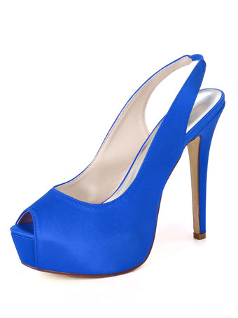 ロイヤルブルーウェディングシューズサテンディープブルーピープトウシューズスチレットヒールバックスリップシューズ