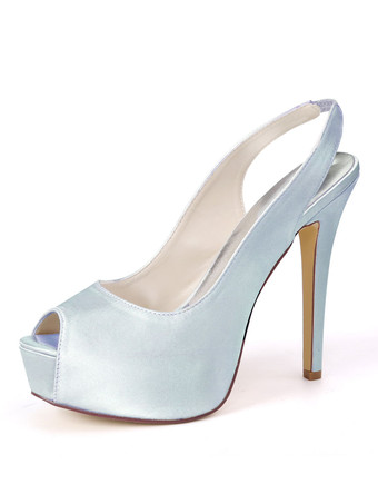 シルバー ウェディングシューズサテンディープブルーピープトウシューズスチレットヒールバックスリップシューズ