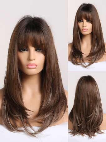 Long Wig For Woman Deep Brown With Bangs/Fringe Rayon Chic Layered Short Synthetic Wigs