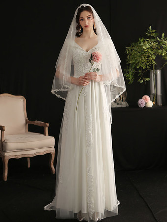 milanoo.com Cathedral Comb Wedding Veil White Tulle Oval Lace Applique Edge Bridal Veils