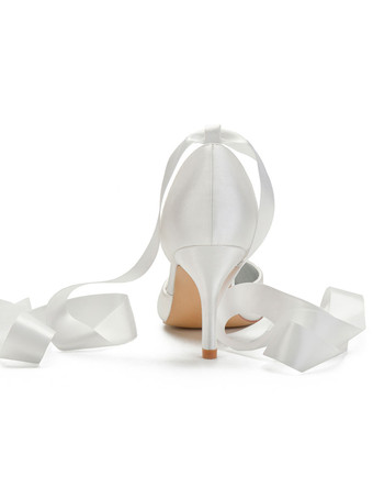 女性のハイヒールのアンクルストラップの先のとがったつま先スチレットヒール弓クラシックアイボリーのウェディングシューズ
