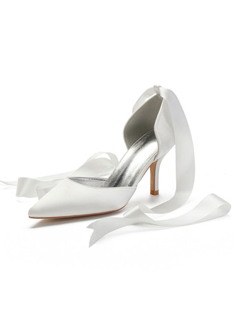 アイボリー女性のハイヒールのアンクルストラップの先のとがったつま先スチレットヒール弓クラシックアイボリーのウェディングシューズ