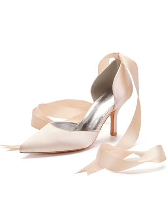 シャンパンカラー女性のハイヒールのアンクルストラップの先のとがったつま先スチレットヒール弓クラシックアイボリーのウェディングシューズ