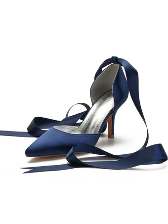 ディープブルー女性のハイヒールのアンクルストラップの先のとがったつま先スチレットヒール弓クラシックアイボリーのウェディングシューズ