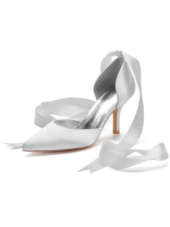 Sapatos de salto alto da mulher com tira no tornozelo dedo apontado salto agulha arcos sapatos de casamento clássico marfim