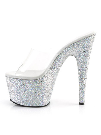 ホワイト ハイヒールのセクシーなサンダルブルーPUレザーのぞき見つま先ノンスリップラバーサンダル ポールダンスシューズ