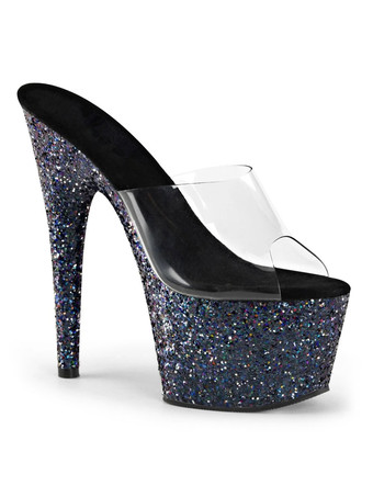 ブラック ハイヒールのセクシーなサンダルブルーPUレザーのぞき見つま先ノンスリップラバーサンダル ポールダンスシューズ