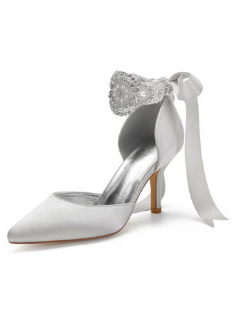 Sapatos de noiva de cetim azul dedo apontado pérolas salto stiletto volta arco sapatos de noiva