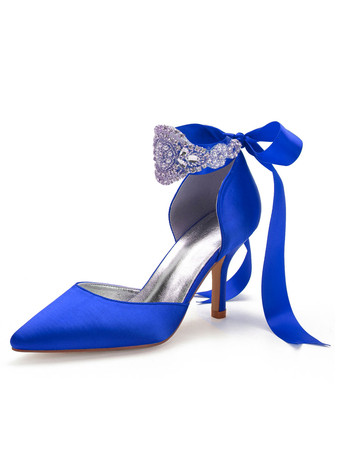 ブルー ウェディングシューズサテンブルーポインテッドトゥパールスチレットヒールバックボウブライダルシューズ