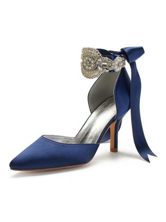ディープブルーウェディングシューズサテンブルーポインテッドトゥパールスチレットヒールバックボウブライダルシューズ