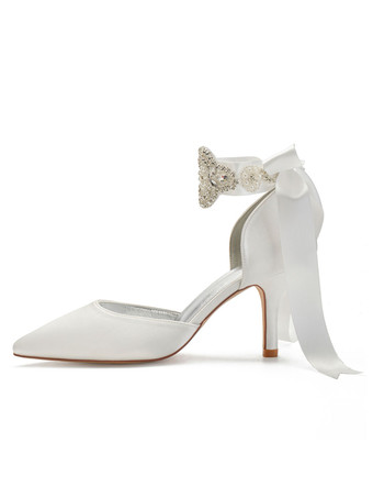 ウェディングシューズサテンブルーポインテッドトゥパールスチレットヒールバックボウブライダルシューズ