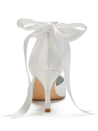 ウェディングシューズサテンブルーポインテッドトゥパールスチレットヒールバックボウブライダルシューズ