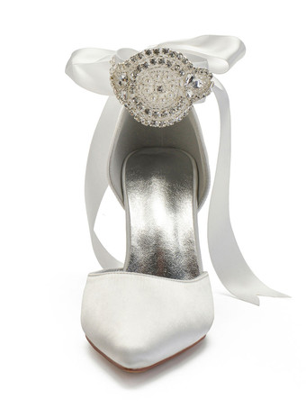 ウェディングシューズサテンブルーポインテッドトゥパールスチレットヒールバックボウブライダルシューズ