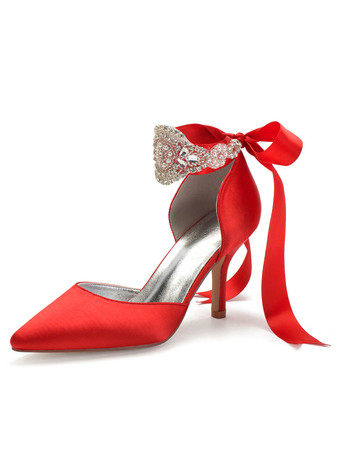 レッドウェディングシューズサテンブルーポインテッドトゥパールスチレットヒールバックボウブライダルシューズ