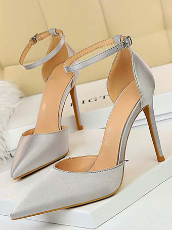 シルバー 女性のパンプス指摘つま先スチレットヒールラインストーンシックな赤いアンクルストラップポンプ靴