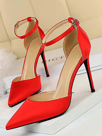 女性のパンプス指摘つま先スチレットヒールラインストーンシックな赤いアンクルストラップポンプ靴
