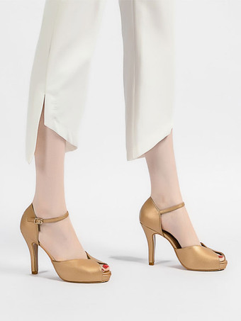 ゴールド ピープトウシューズスティレットヒールメタル詳細シンプルスリップオンアンクルストラップサンダル