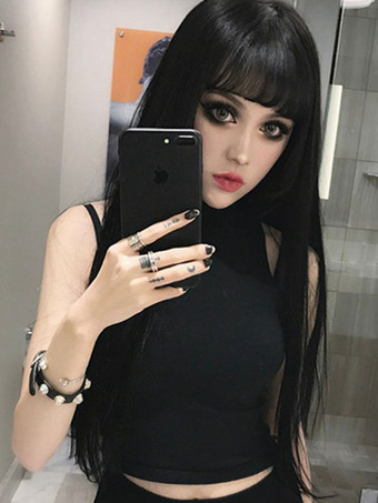 ゴシックロリータウィッグ前髪の黒い長い乱れたロリータ髪のかつら