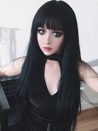 Perruques Lolita Gothiques Perruques Lolita Longues Noires Ébouriffées Avec Une Frange