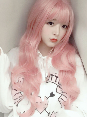 甘いロリータウィッグ前髪の長い乱れたソフトピンクロリータヘアウィッグ