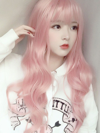甘いロリータウィッグ前髪の長い乱れたソフトピンクロリータヘアウィッグ