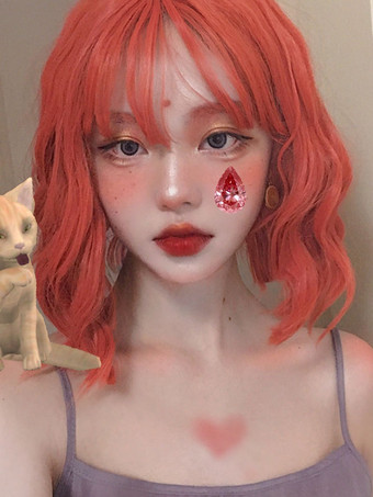 Oragnge赤いロリータウィッグの短い巻き毛のロリータ髪のかつら