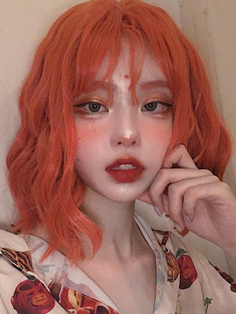 Oragnge赤いロリータウィッグの短い巻き毛のロリータ髪のかつら