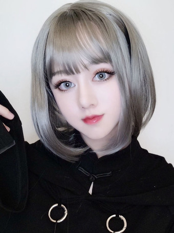ロリータウィッグ ショートボブライト ロリータヘアウィッグ 甘い グレー