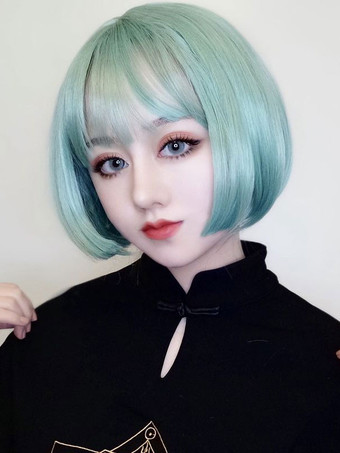 ミントグリーンロリータウィッグ ショートボブライト ロリータヘアウィッグ 甘い グレー