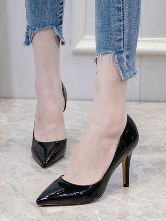 女性のハイヒールスリッポンポインテッドトゥスチレットヒールシンプルロートップブラック