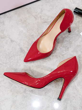 レッド 女性のハイヒールスリッポンポインテッドトゥスチレットヒールシンプルロートップブラック