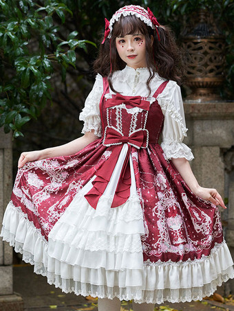 Sweet Lolita JSK Dress Bow Lace Front Opening Floral Print Lolita