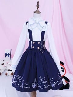 Lolita Overall Skirt SK Blue Whale Voyage Print Bows Lolita Skirts