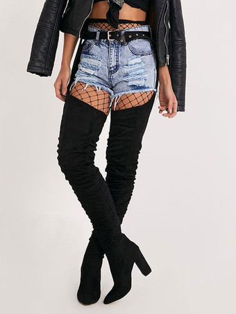 オーバーニーブーツブラックラウンドトゥバックルマイクロスエードサイハイブーツ