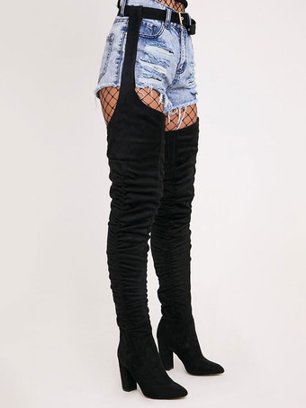 オーバーニーブーツブラックラウンドトゥバックルマイクロスエードサイハイブーツ