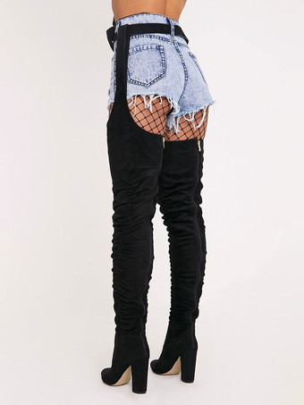 オーバーニーブーツブラックラウンドトゥバックルマイクロスエードサイハイブーツ